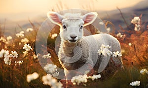 Portrait of a cute little lamb in a meadow at sunrise
