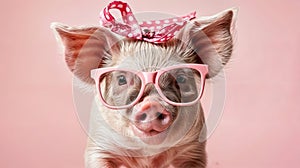 Portrait of a cute little pig wearing pink glasses on a pink background