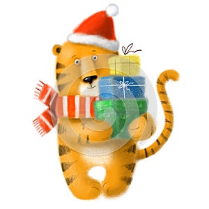 portrait of cute little tiger with gift boxes, symbol of 2022 new year, holiday illustration with cartoon character