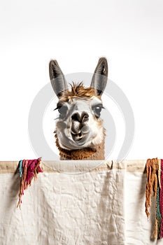 Portrait of a cute llama looking out from behind a cloth.