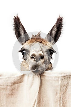 Portrait of a cute llama looking out from behind a cloth.