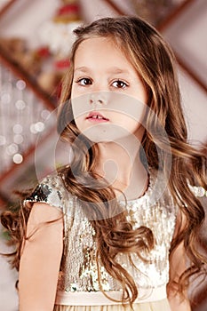 Portrait of a cute long-haired little girl in dress. Close up picture