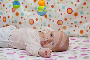 Portrait of a cute newborn baby who lies on his back in crib and plays with a hanging toy