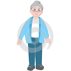 Portrait of cute old woman. Grandmother wearing glasses, with grey hair. Senior lady on walk. Hand drawn llustration