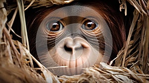 Portrait of a cute orangutan in a straw nest.