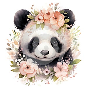 Portrait of cute panda with floral wreath. Watercolor cartoon illustration