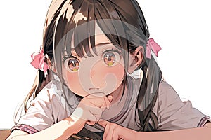 portrait of a cute pensive schoolgirl with a two ponytails hairstyle in anime style