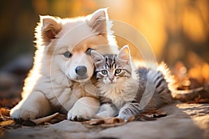 Portrait of a cute pet dog and cat together. Generative AI
