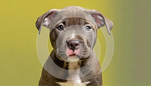 Portrait of cute pit bull puppy , yellow pastel solid background