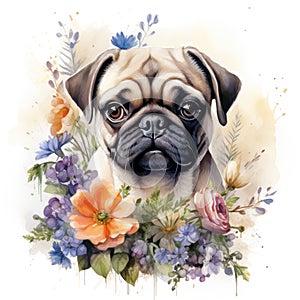 Portrait of a cute pug dog with flowers on white background. Watercolor illustration