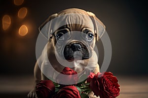 Portrait of a cute puppy with red roses, ai generated