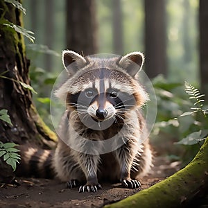 Portrait of cute raccoon in the forest