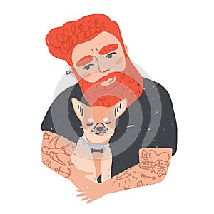 Portrait of cute redhead bearded man with tattoos holding his dog or puppy. Funny male cartoon character embracing