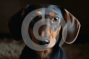 Portrait of a cute sausage dog with brown eyes created with generative AI technology