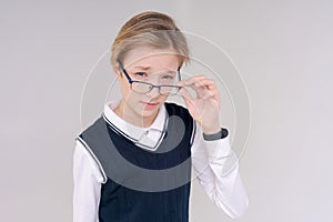 Portrait cute school boy. Back to school. Success, bright idea, creative ideas