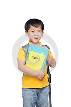 Portrait of cute smiling boy with backpack and colorful books, e