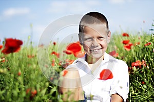 Portrait of cute smiling boy in poppy field