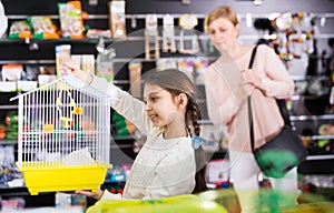 Portrait of cute smiling child girl holding a parrot cage