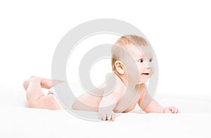 Portrait of a cute smiling infant baby crawling