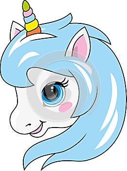 Portrait of a cute smiling unicorn. Cartoon drawing