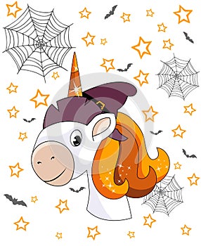 Portrait of cute smiling unicorn with witch hat, bats, spiderwebs and stars. Halloween theme
