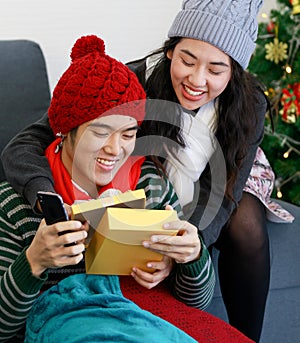 Portrait of cute smiling young Asian lover couple in long sleeve sweatshirt, scarf, knitted hat sitting on a floor near Christmas