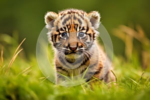 Portrait of a Cute Tiger Cub in a Forest on a Beautiful Day