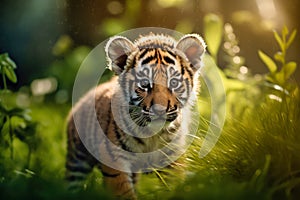 Portrait of a Cute Tiger Cub in a Forest on a Beautiful Day