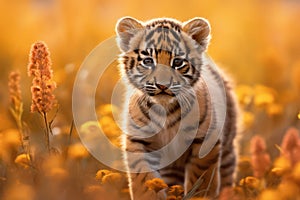 Portrait of a Cute Tiger Cub in a Forest on a Beautiful Day