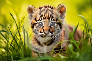 Portrait of a Cute Tiger Cub in a Forest on a Beautiful Day