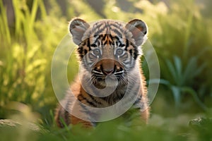 Portrait of a Cute Tiger Cub in a Forest on a Beautiful Day