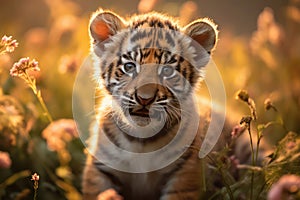 Portrait of a Cute Tiger Cub in a Forest on a Beautiful Day