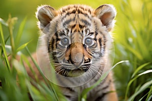 Portrait of a Cute Tiger Cub in a Forest on a Beautiful Day