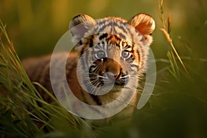 Portrait of a Cute Tiger Cub in a Forest on a Beautiful Day