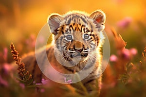 Portrait of a Cute Tiger Cub in a Forest on a Beautiful Day