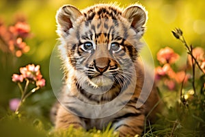 Portrait of a Cute Tiger Cub in a Forest on a Beautiful Day