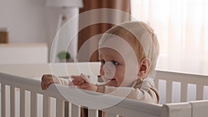 Portrait Of Cute Toddler Baby Standing In Wooden Crib At Home