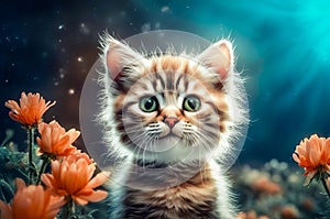 Portrait of a cute and touching kitten on a fantastic floral background