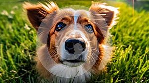 portrait of a cute Welsh Corgi dog looking at the camera, a fluffy kind cute pet on a background of green grass