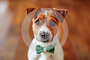 Portrait of a cute white and brown Jack Russell Terrier dog wearing a green bow tie looking at the camera.