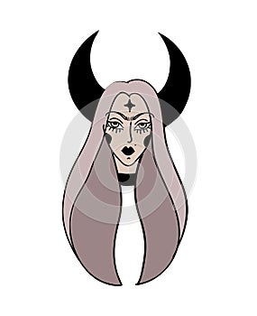 Portrait of a cute witch, Halloween sticker, vampire girl face with purple hair and black crescent moon. Simple vector