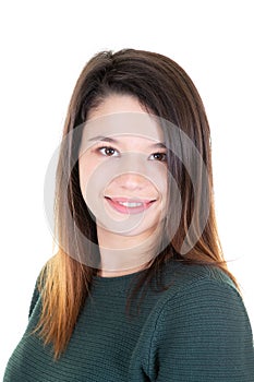 Portrait of cute young smiling woman looks in camera