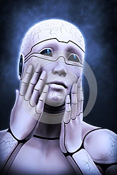 Portrait of a cyborg woman portraying a fright. 3d rendering illustration