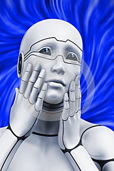 Portrait of a cyborg woman portraying a surprise