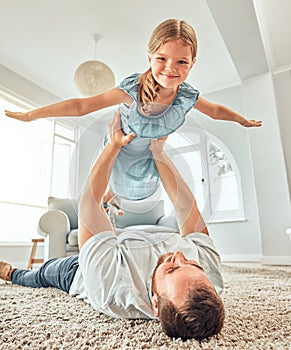 Portrait, dad and child in home for flying game, bonding and playful girl in living room for happy family. Happiness