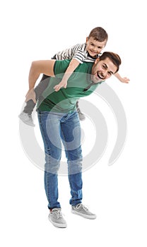 Portrait of dad playing with his son isolated