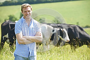 Portrait Of Dairy Farmer In Field With Cattle