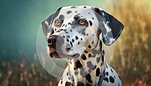 Portrait of Dalmatian breed dog. Cute pet posing outdoor. Canine companion