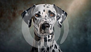 Portrait of Dalmatian breed dog posing on dark background. Cute pet. Canine companion