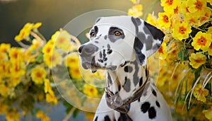 Portrait of dalmatian dog with black spots. Purebred dalmatian pet outdoors, yellow flowers garden